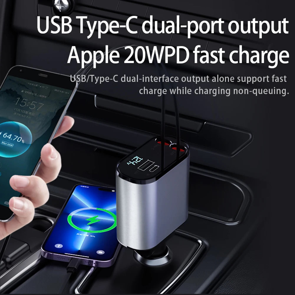 4 IN 1 Retractable cable 100W Super Fast Car Charging | USB | Type C | IPHONE