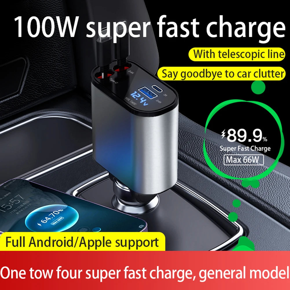 4 IN 1 Retractable cable 100W Super Fast Car Charging | USB | Type C | IPHONE