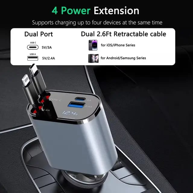 4 IN 1 Retractable cable 100W Super Fast Car Charging | USB | Type C | IPHONE