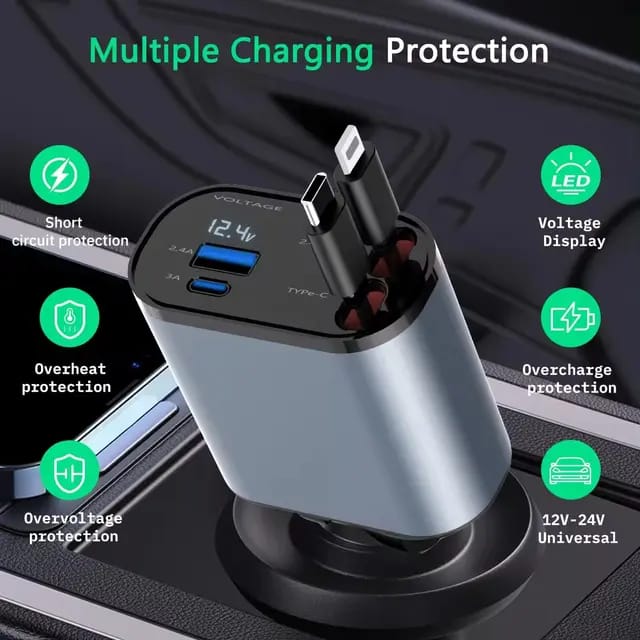 4 IN 1 Retractable cable 100W Super Fast Car Charging | USB | Type C | IPHONE