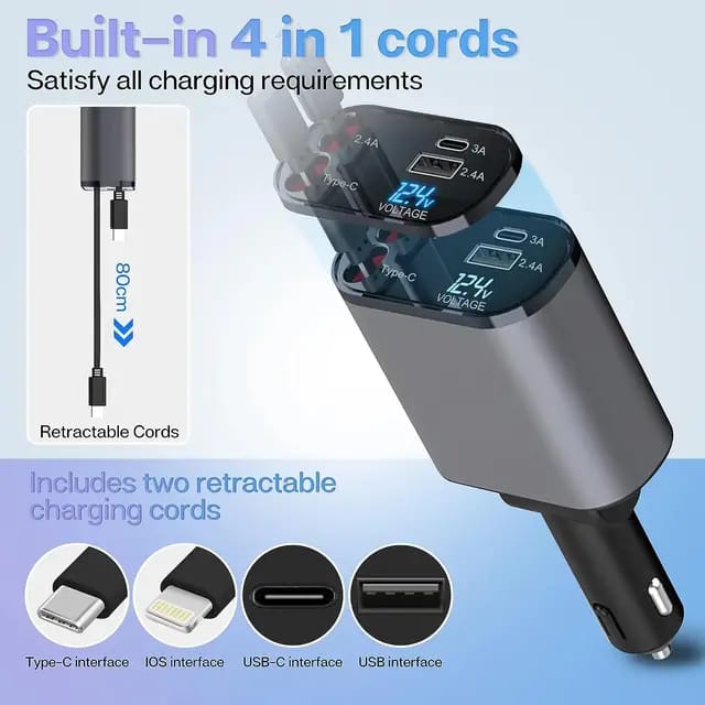 4 IN 1 Retractable cable 100W Super Fast Car Charging | USB | Type C | IPHONE